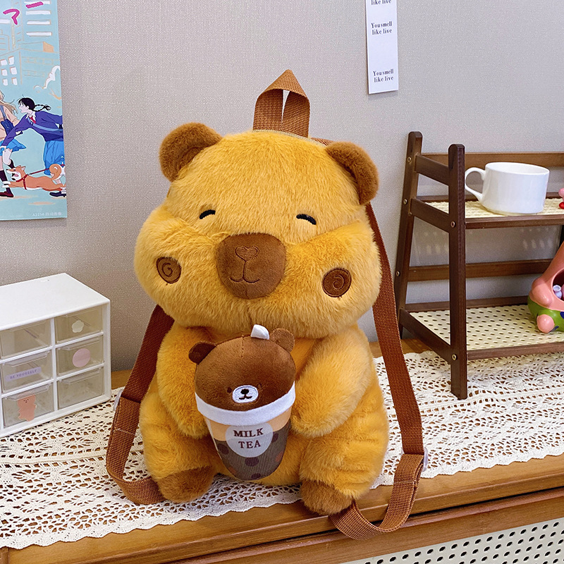 New Q-style chubby milk tea capybara doll backpack, cute plush doll, children's companion birthday gift full figure