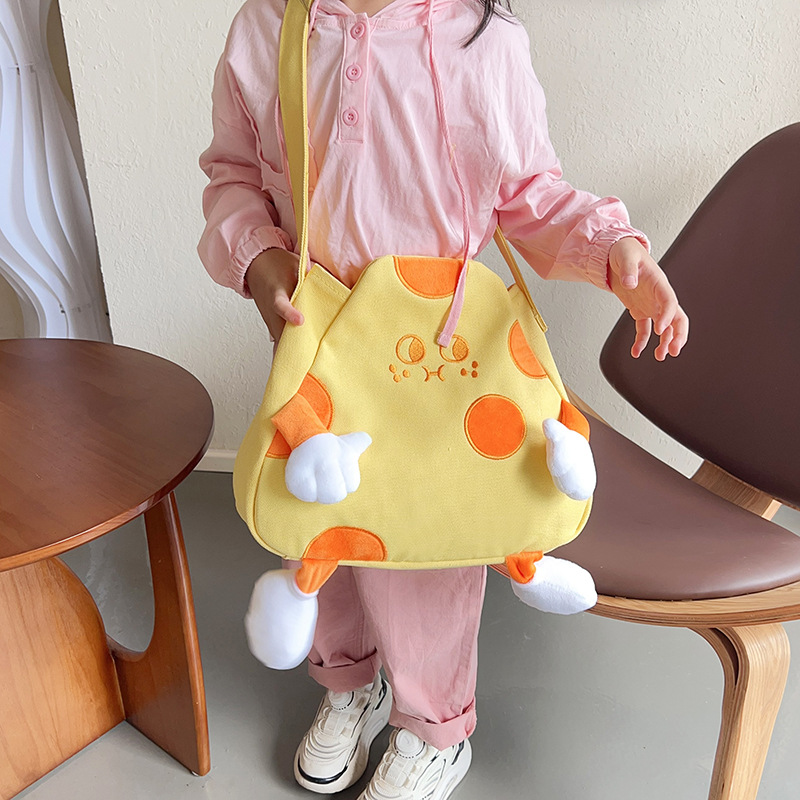 Cartoon new cheese and cheese crossbody bag Spring and summer style canvas tote bag Birthday gift college student class tote Specification drawing