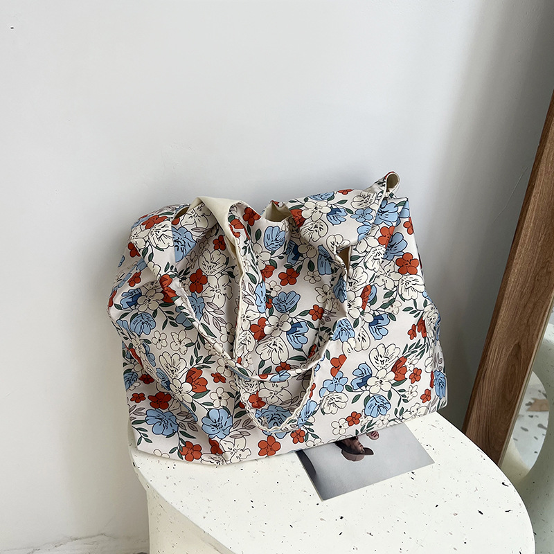 New large-capacity fashionable floral single-shoulder bag, fresh and stylish underarm bag, artistic and retro canvas women's bag for shopping Specification drawing