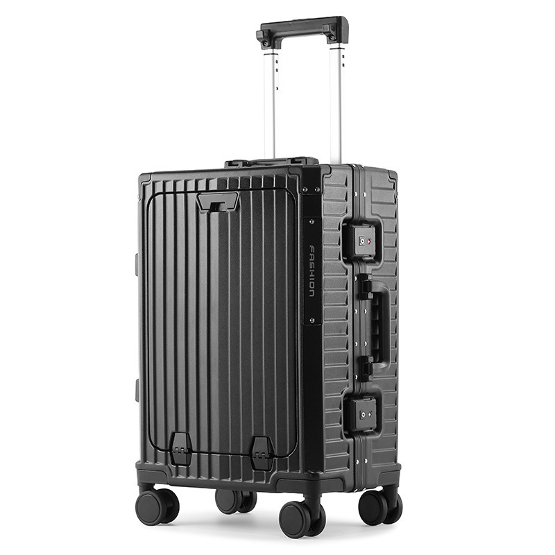 Front-opening PC aluminum frame trolley case, hard shell case, multi-functional leisure travel case, 20-inch carry-on case, student suitcase Item Picture