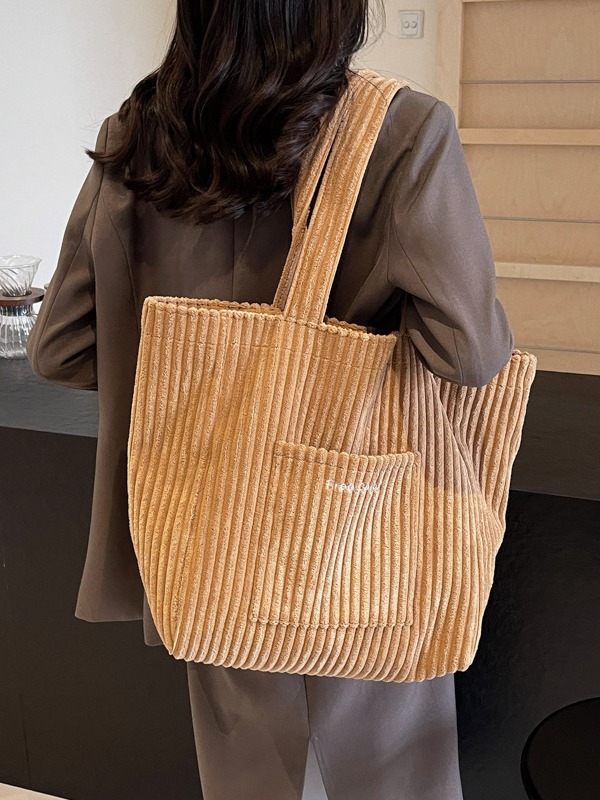 Retro corduroy single-shoulder bag for women, versatile and casual, corduroy hand-held large-capacity tote bag, fashionable commuting and school bag Specification drawing