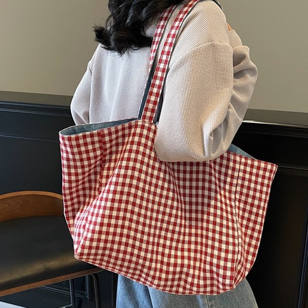 This canvas bag features a niche design with an ins high-end feel. It's a large-capacity commuter single-shoulder bag with Korean-style striped shopping bags on both sides details Picture