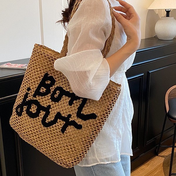 Letter-embroidered straw woven bag for women 2025 Summer New vacation-style beach bag for commuting hand-held woven bag for women Specification drawing