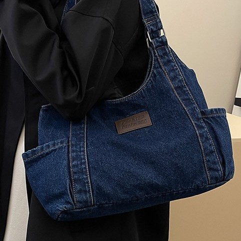 Single-shoulder bag, tote bag, artistic style, denim commuter all-season large bag, simple underarm design, niche and versatile Japanese style details Picture