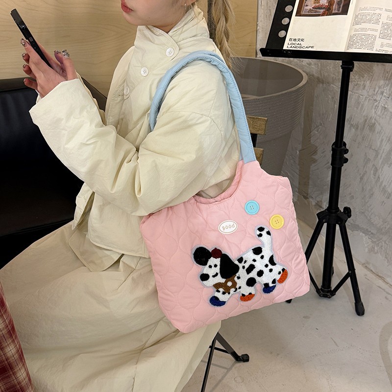 A niche design with a laid-back style student class backpack, a cute embroidered puppy color-blocking single-shoulder bag, and a large-capacity tote bag Application Scenario