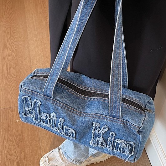 Korean washed denim casual women's bag 2024 new autumn trend letter handbag, retro shoulder bag details Picture