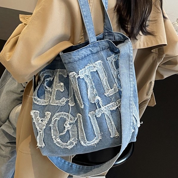 New versatile and trendy denim bag for women, tote bag, large-capacity Japanese-style single-shoulder crossbody bag, canvas bag details Picture
