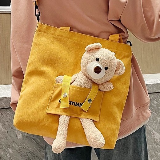 2024 New single-shoulder bag, teddy bear plush doll, fresh and sweet student canvas tutorial bag, versatile handbag full figure