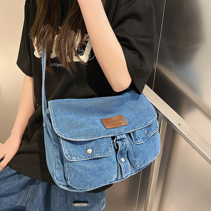 Artistic denim canvas bag 2023 New style, fashionable multi-pocket crossbody bag, college student class bag, Japanese and Korean casual backpack details Picture