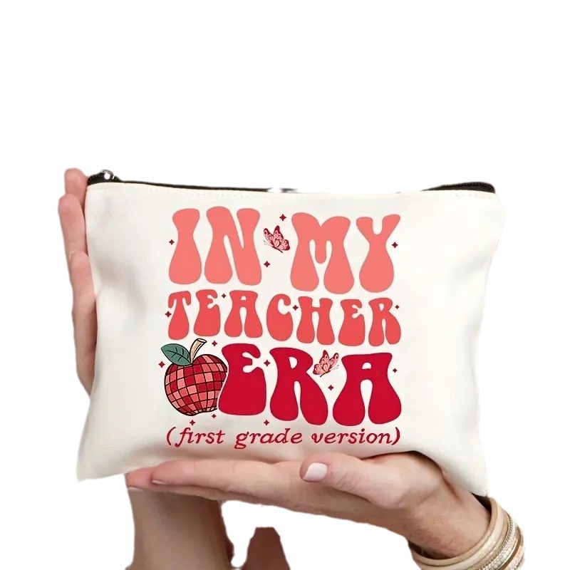 Cross-border temu best-selling pink lettered linen double-sided printed cosmetic bag, storage bag, women's multi-functional zipper bag Item Picture
