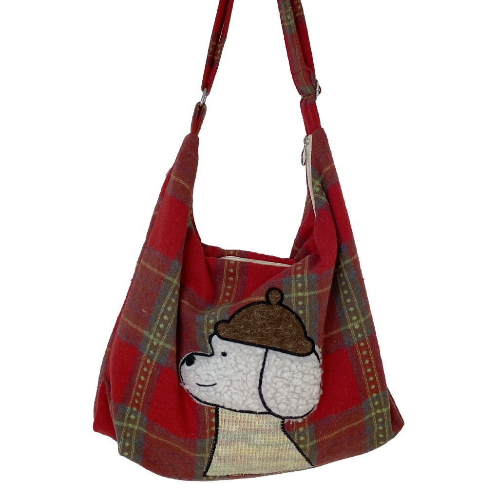 Christmas checkered puppy single-shoulder bag, women's large-capacity student tote bag, adjustable single-shoulder crossbody fabric bag, casual bag Item Picture