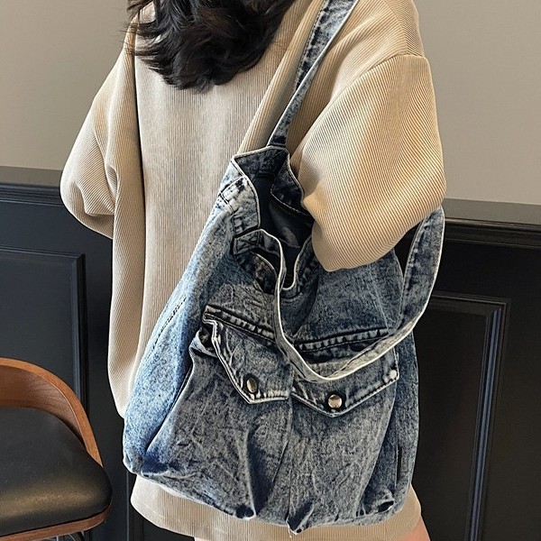 Denim crossbody bag for men, 2025 new style, cool and trendy student wear, large capacity, simple forest-themed casual single-shoulder bag for women Specification drawing