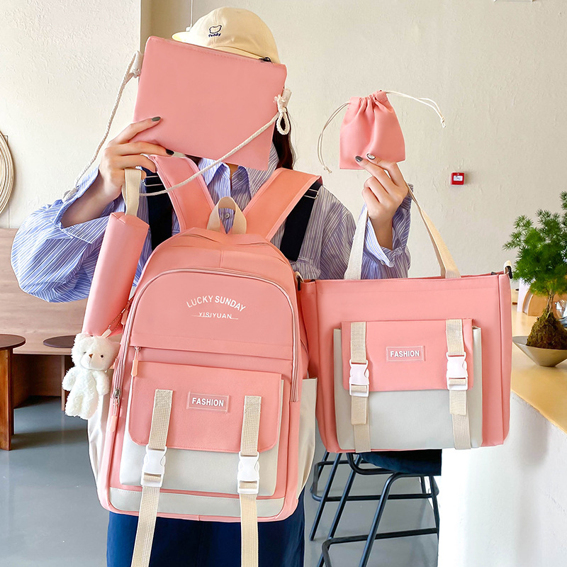 Forest-style simple schoolbag for girls, Korean version, lightweight and large-capacity backpack, five-piece set for hand-held after-school tutoring in primary and junior high school full figure