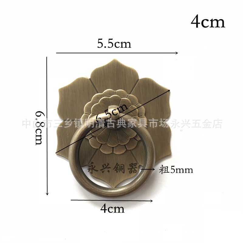 Chinese-style retro brass drawer handle, hot pot copper round ring handle, cabinet door handle, classical hexagonal copper handle details Picture