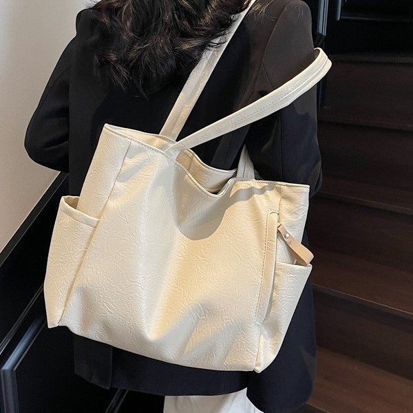 Korean version PU bag, blank single-shoulder bag, new solid-color handbag, large capacity, high-end sense, fashionable and versatile tote bag details Picture
