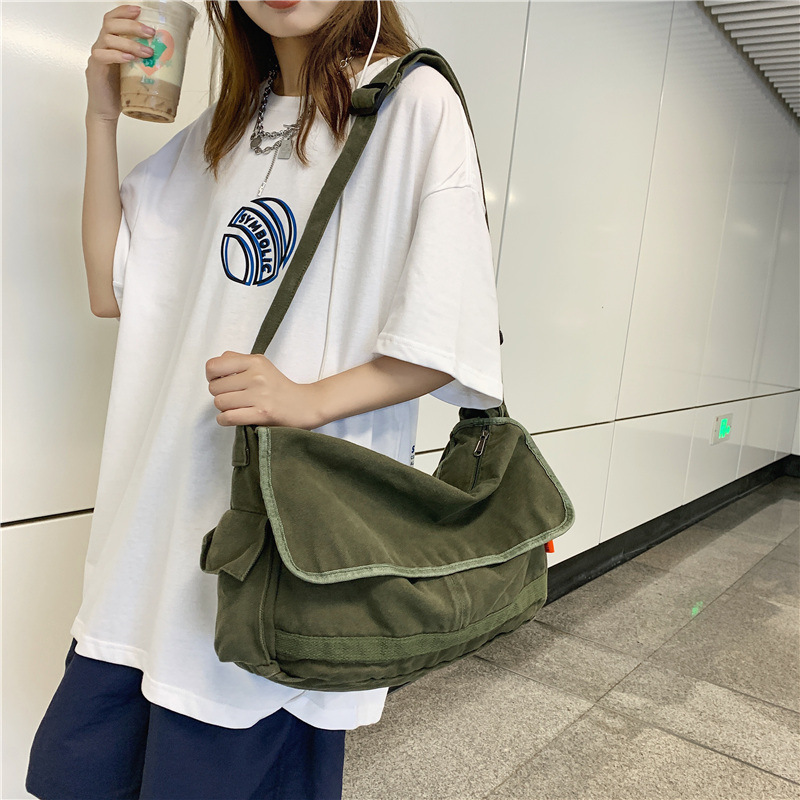 Japanese-style washed canvas crossbody bag, female casual college student cloth bag, single-shoulder bag for class, large-capacity canvas bag, backpack details Picture