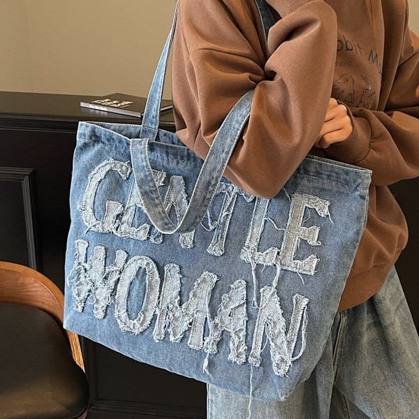Fashionable and versatile hand-held denim tote bag with fabric fringes and letters, large-capacity single-shoulder bag, casual and cool details Picture