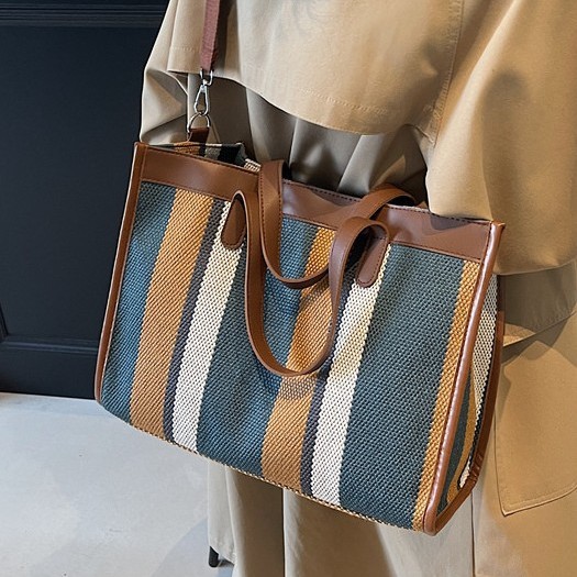 Canvas bag, women's large-capacity 2024 new color-blocking single-shoulder bag, fabric bag, college student class bag, commuter tote bag details Picture