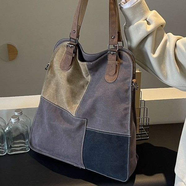 Color-blocking canvas bag 2025 new style patchwork women's handbag, retro and simple single-shoulder bag, fashionable crossbody bag for women Specification drawing
