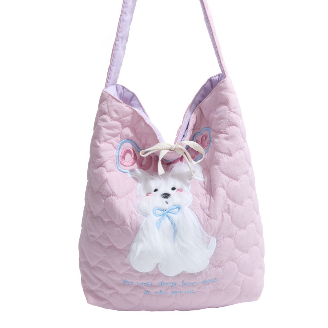 Cute plush puppy single-shoulder bag for girls, autumn and winter color-blocking nylon fabric bag, large-capacity crossbody bag, student class bag Item Picture