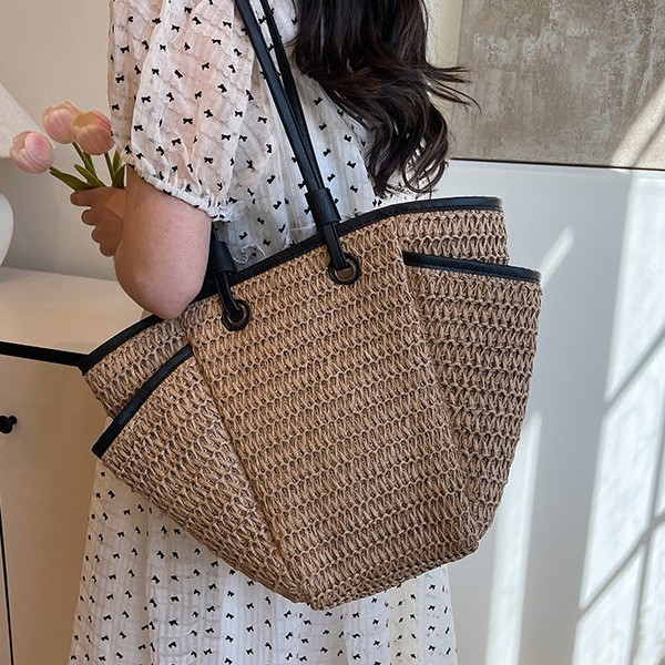 New ins simple and fashionable large-capacity straw woven bag, single-shoulder paper rope woven bag, women's bag, casual phoenix eye beach bag Specification drawing