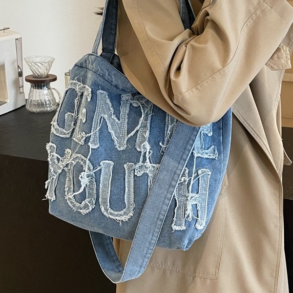 New versatile and trendy denim bag for women, tote bag, large-capacity Japanese-style single-shoulder crossbody bag, canvas bag Specification drawing