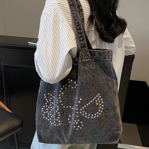 A new cross-border export denim sequined simple, fashionable and versatile commuting canvas bag from Europe and America, a high-end single-shoulder bag details Picture