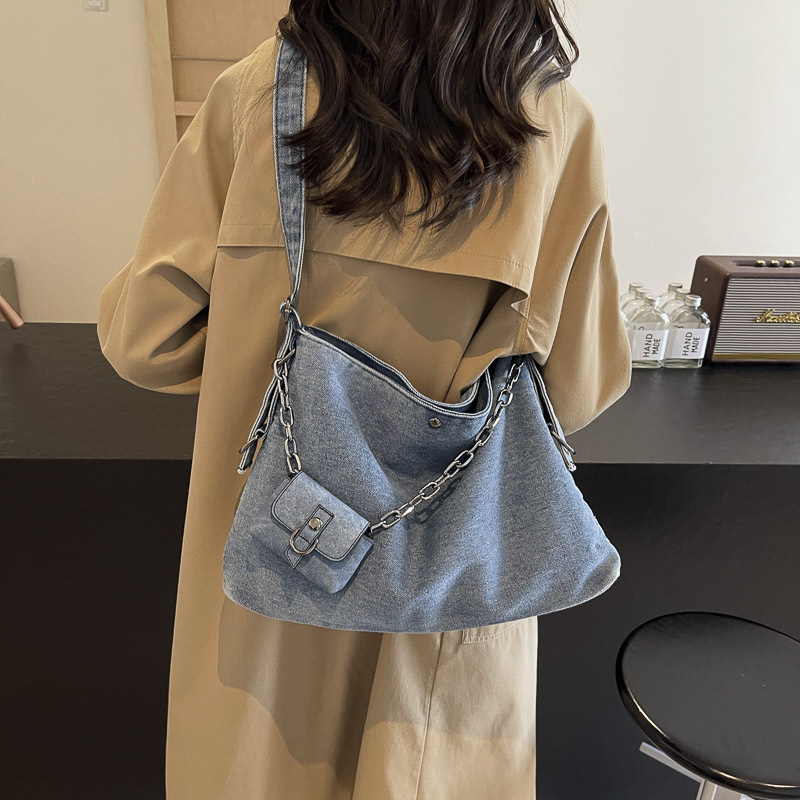 American retro-style denim chain bag, women's street motorcycle style single-shoulder bag, 2024 new fashion crossbody bag Specification drawing