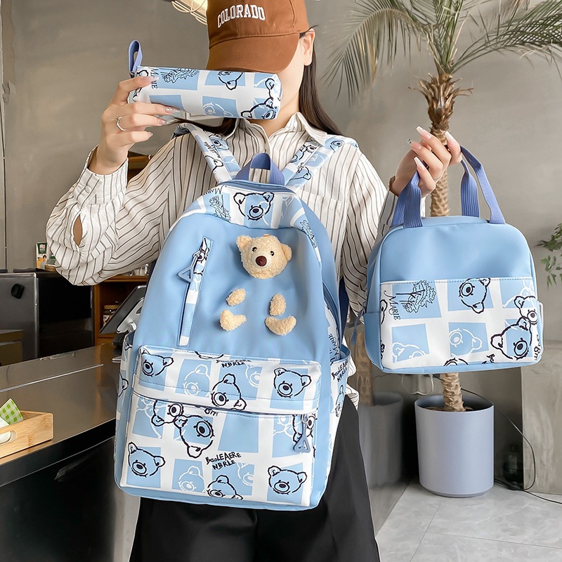 New large-capacity schoolbag for primary and secondary school students, cute little bear backpack for girls, lunch box, three-piece set, travel backpack for cross-border full figure
