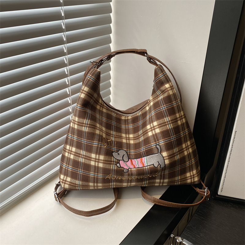 Commuter large-capacity backpack for women, 2024 new style popular women's bags, Crayon dog checkered single-shoulder crossbody bag, Tote bag full figure