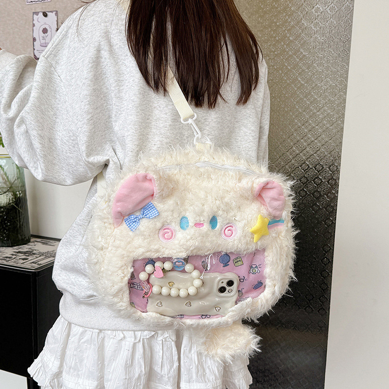 New Japanese-style plush, simple and cute kitten playful backpack, forest-style bow double backpack for girls to go out and cross diagonally Application Scenario