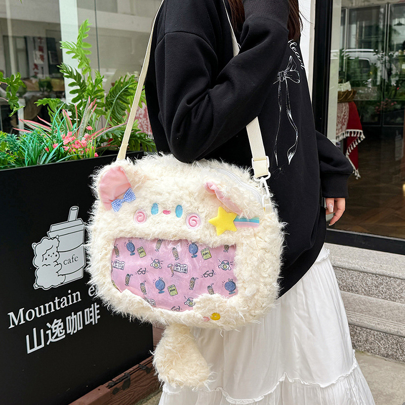 New Japanese-style plush, simple and cute kitten playful backpack, forest-style bow double backpack for girls to go out and cross diagonally details Picture