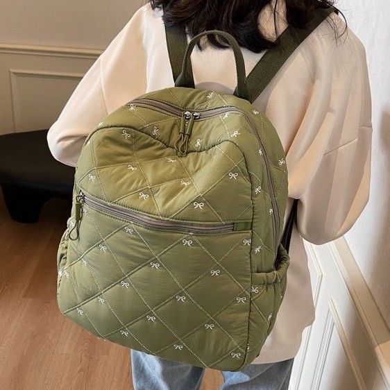 Bowknot polka dot large-capacity bag for women, new autumn/winter 2024, backpack for students' commuting to school, cotton-padded jacket backpack details Picture