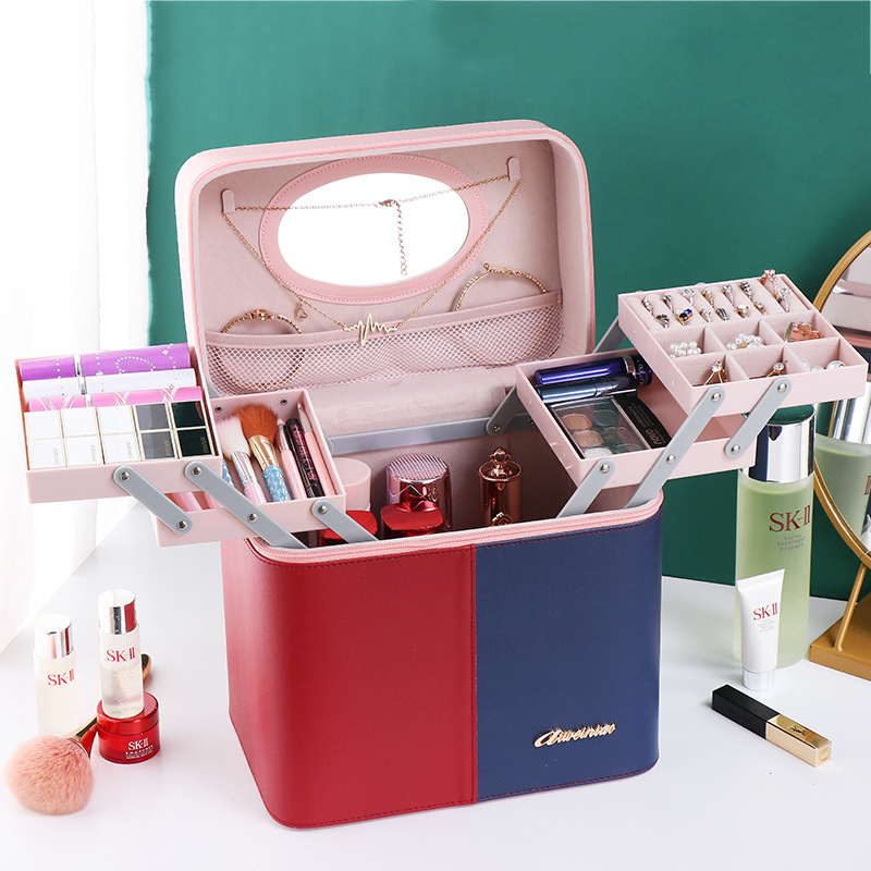 Wholesale of 2023 new color-blocking portable makeup bags for women, large-capacity dust-proof, multi-functional professional nail care storage boxes details Picture