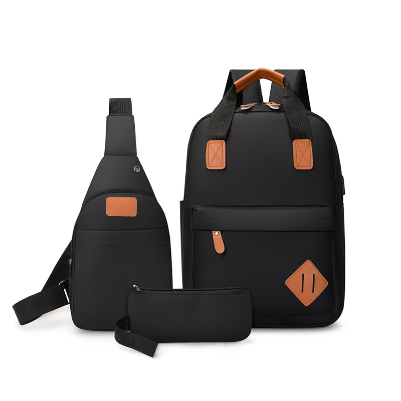Fashionable and casual backpack for men, usb charging, computer bag, chest bag, wallet, three-piece set, student schoolbag Item Picture