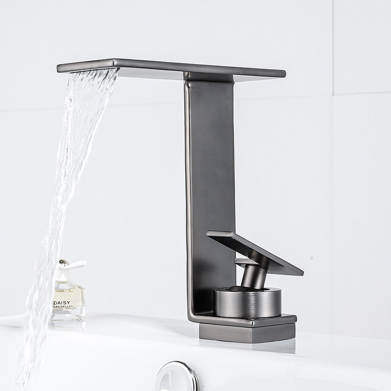Gun-gray brass waterfall basin faucet, hot and cold household bathroom, bathroom counter basin, washbasin faucet Specification drawing