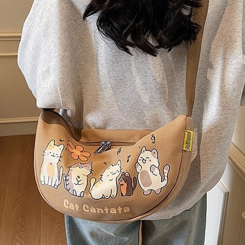 New versatile canvas single-shoulder bag for commuting, student ins Korean style, laid-back style, cartoon and cute underarm bag, crossbody bag full figure
