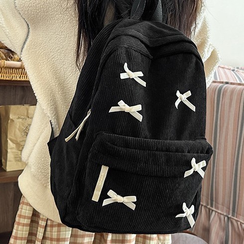Cute, fresh and sweet bow schoolbag, large-capacity backpack for girls, corduroy backpack for middle and high school students full figure