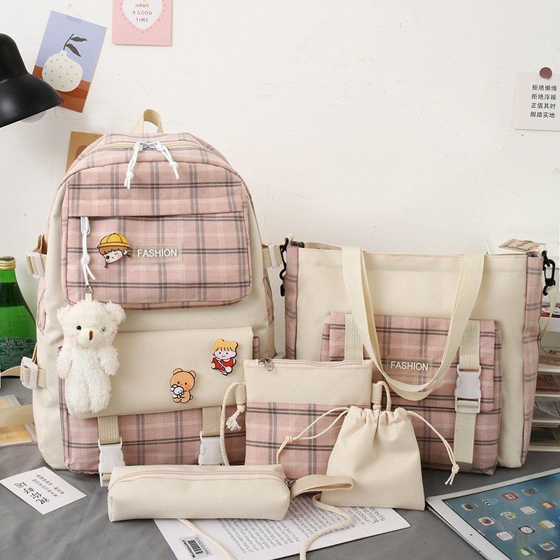 Japanese-style cute checkered canvas schoolbag for primary school students, Korean-style trendy backpack for girls, five-piece set, wholesale of backpacks full figure