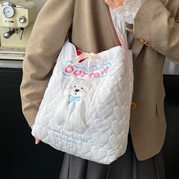 Cute plush puppy single-shoulder bag for girls, autumn and winter color-blocking nylon fabric bag, large-capacity crossbody bag, student class bag Specification drawing