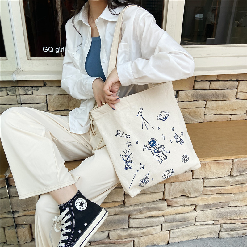 1322 Harajuku style astronaut cartoon printed canvas bag ins Soft girl college student hand-held cloth bag vest for girls details Picture