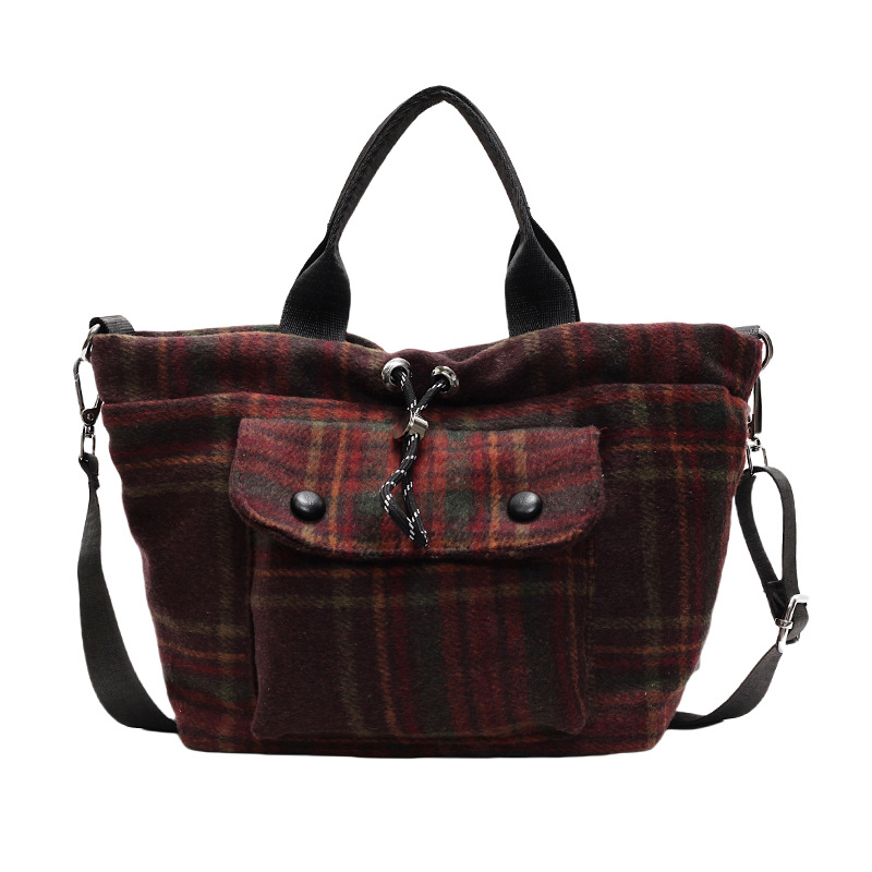 Cross-border striped checkered tote bag for women 2024 autumn/winter, woolen crossbody bag, casual drawstring single-shoulder bag, handbag Item Picture