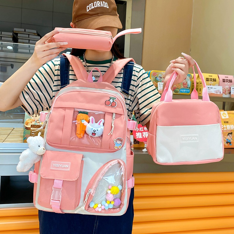 The new cross-border canvas backpack for girls, a fresh and color-blocking three-piece set, is a trendy school backpack for junior and senior high school students details Picture
