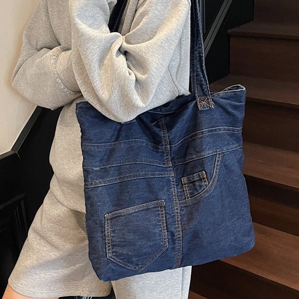 Spring 2025 new denim bag, large capacity, simple and versatile, single-shoulder bag, fashionable handbag for Japanese and Korean students full figure