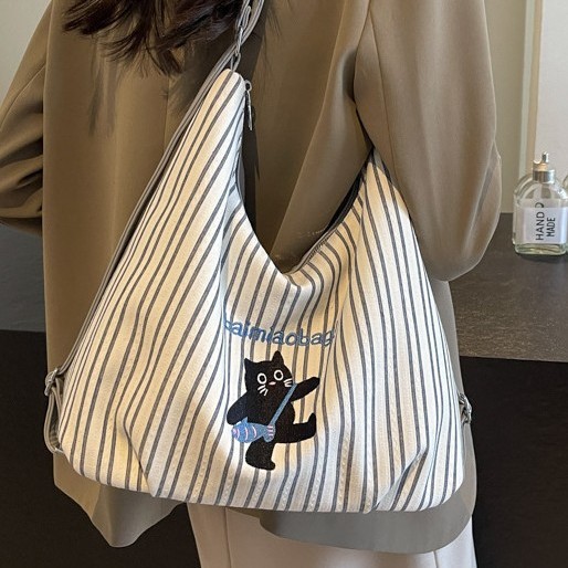 Korean-style backpacks, women's tote bags, striped canvas single-shoulder bags, crossbody bags, cute little cats, and fresh backpacks Specification drawing