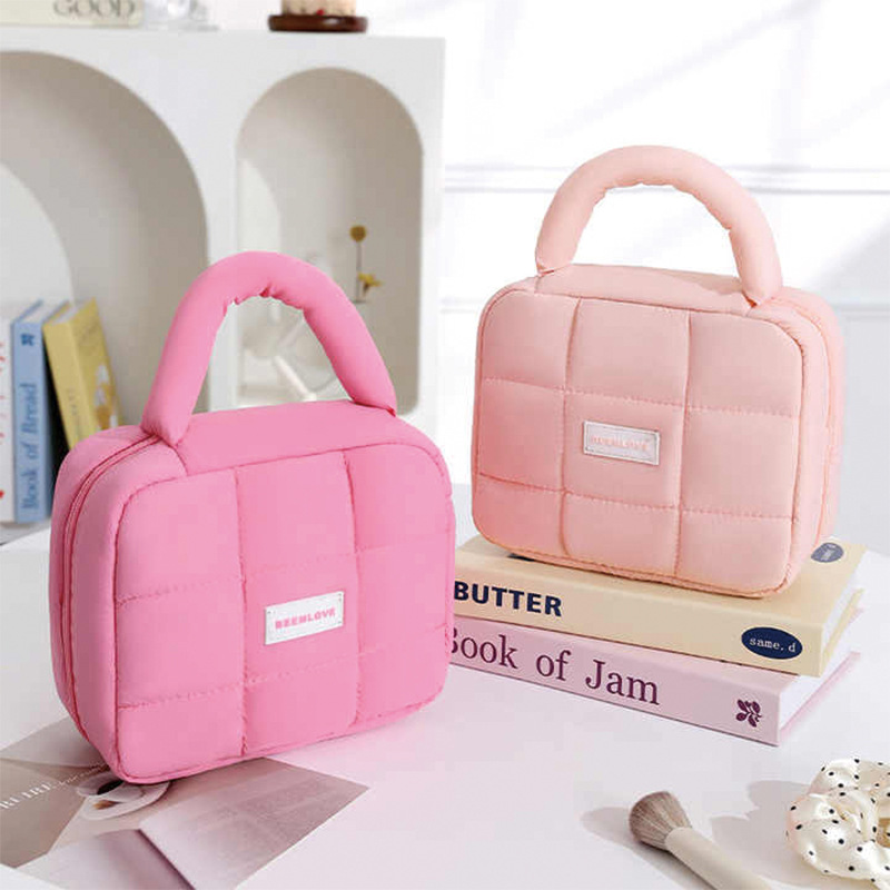 New puff square storage bag, macaron-colored soft hand-held makeup bag for girls, large-capacity waterproof toiletry bag Specification drawing