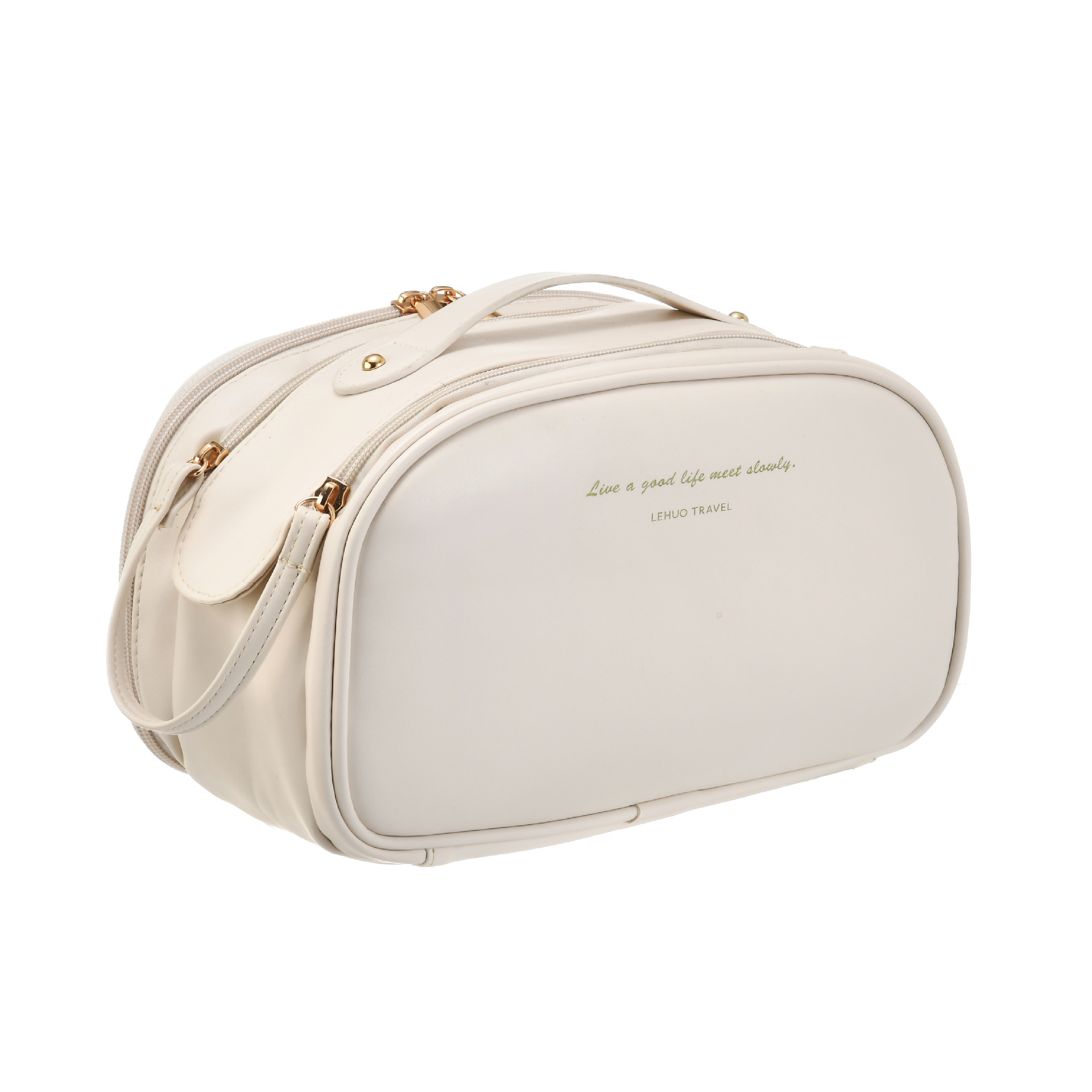 New PU hand-held cosmetic bag for travel storage, large capacity for cosmetics storage, double-zipper portable handbag Item Picture