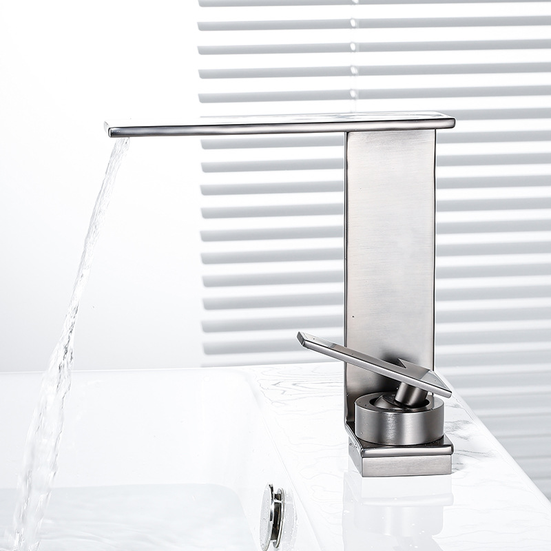 Gun-gray brass waterfall basin faucet, hot and cold household bathroom, bathroom counter basin, washbasin faucet details Picture