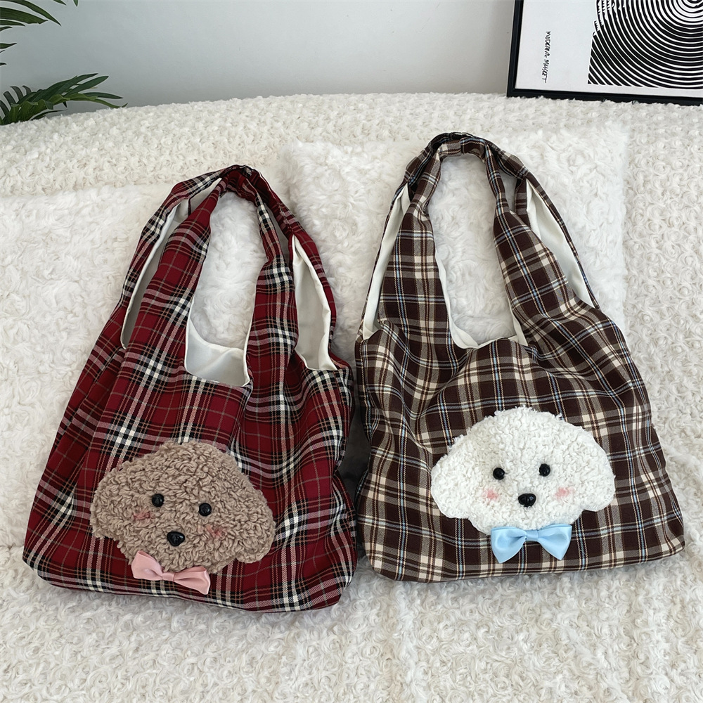 411182 Autumn and Winter new Korean-style embroidered puppy cute checkered single-shoulder bag Casual student class handbag full figure