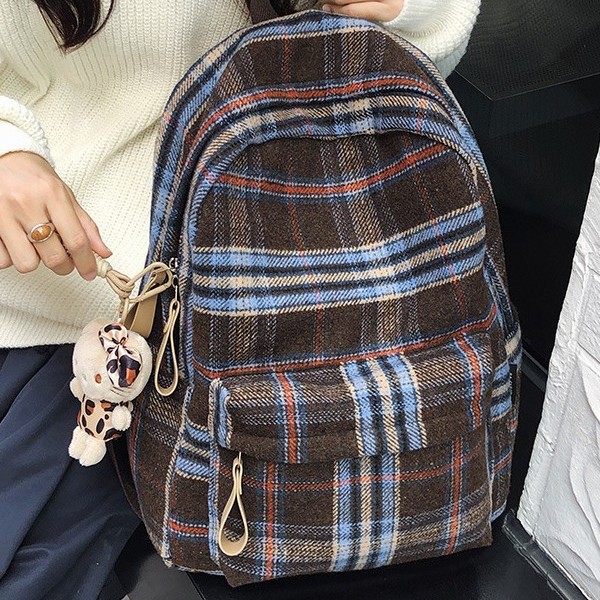 The new autumn and winter backpack is cute. It's a large-capacity backpack with a woolen checkered pattern design full figure